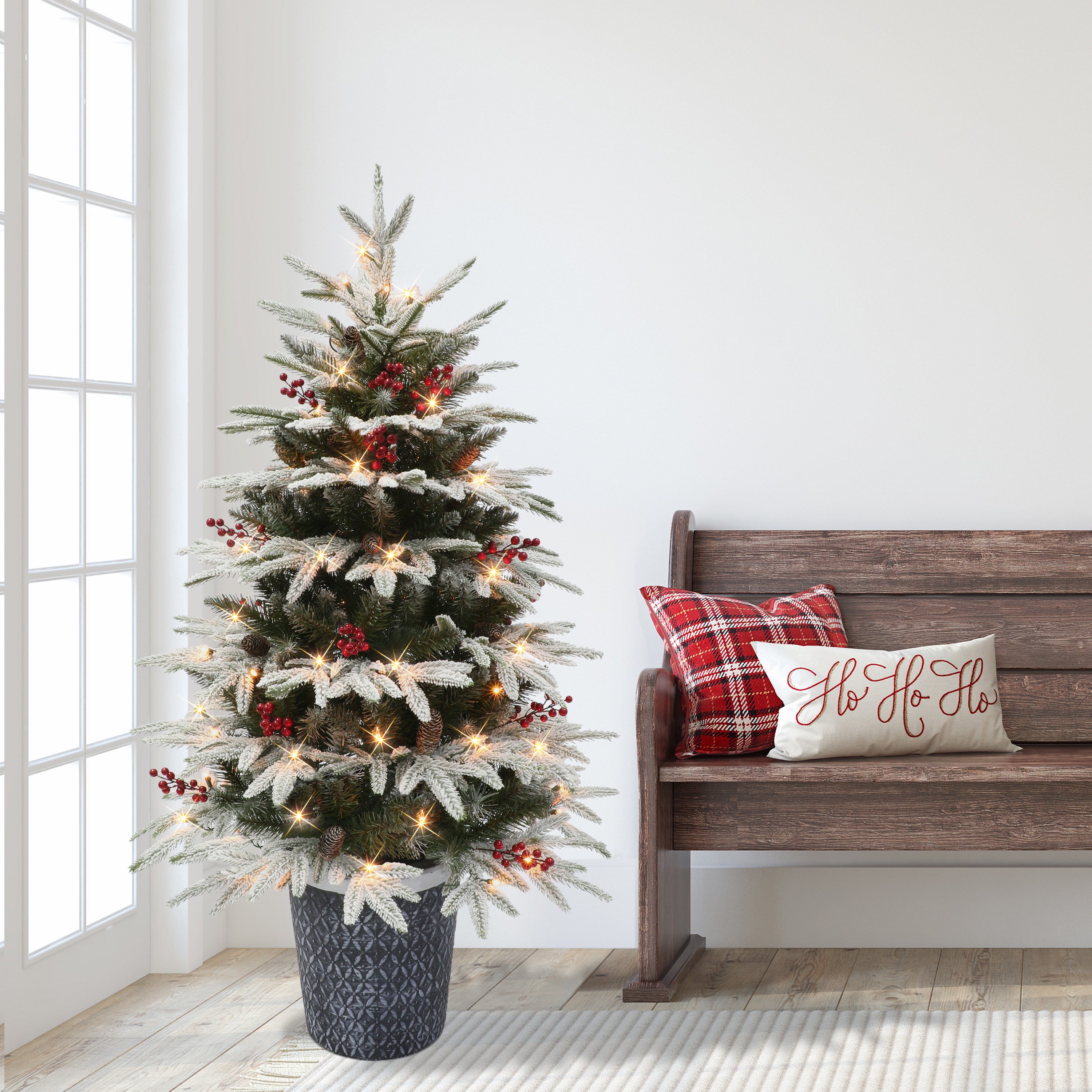 4.5ft Pre-lit Potted Flocked Halifax Fir Christmas Tree